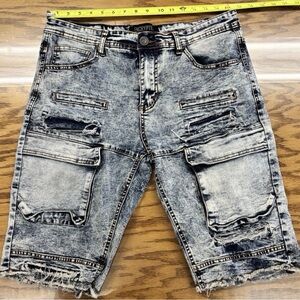 Encrypted NYC Denim Acid Wash Cargo Shorts Men's 34 Distressed Grunge Punk